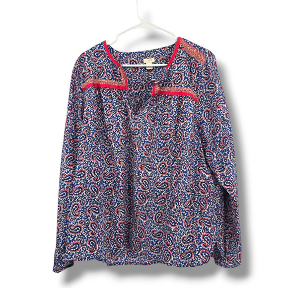 J.Crew Women's Paisley Print Embroidered Split Neck Long‎ Sleeve Blouse Size XL - Picture 1 of 8